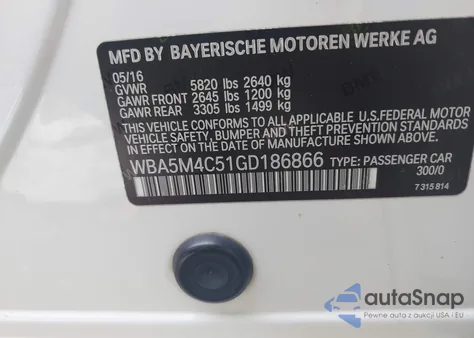 2016 BMW 535I Gran Turismo xDrive z USA, uszkodzony, nr VIN WBA5M4C51GD186866